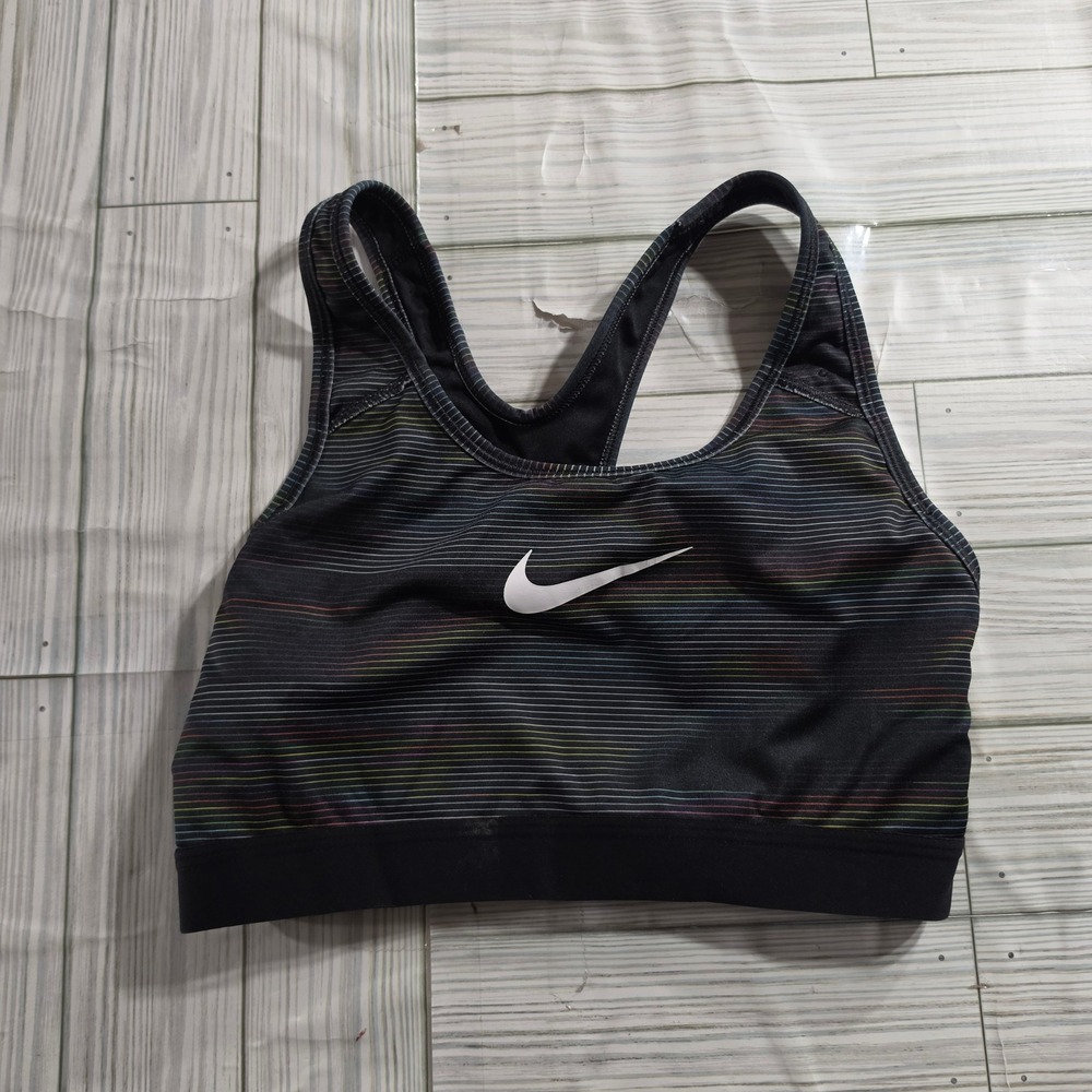 Nike Dri-FIT Racerback Sports Bra Black Multicolor Pinstripe Swoosh Logo